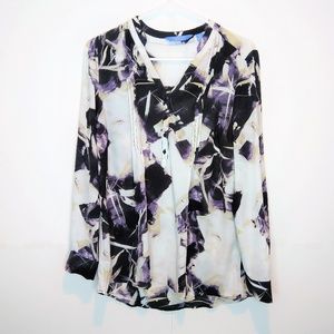 Smilpy Vera Wang V Neck Button Floral Dress Blouse